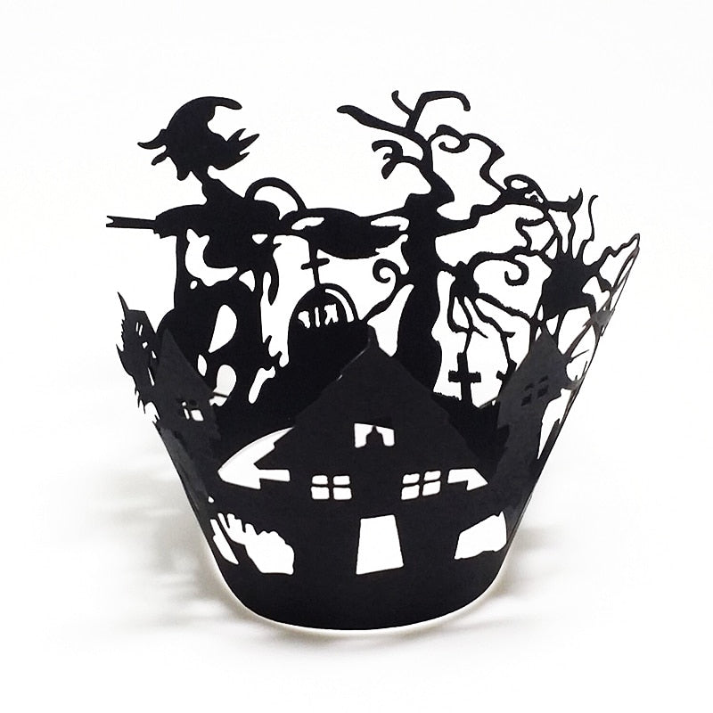 12pcs Cupcake Wrapper Decor Baking Cup Hollow Out Paper Cake Wrapper Halloween Witch Spiderweb Castle Halloween Decoration