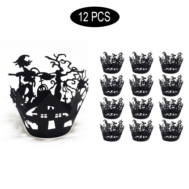 12pcs Cupcake Wrapper Decor Baking Cup Hollow Out Paper Cake Wrapper Halloween Witch Spiderweb Castle Halloween Decoration